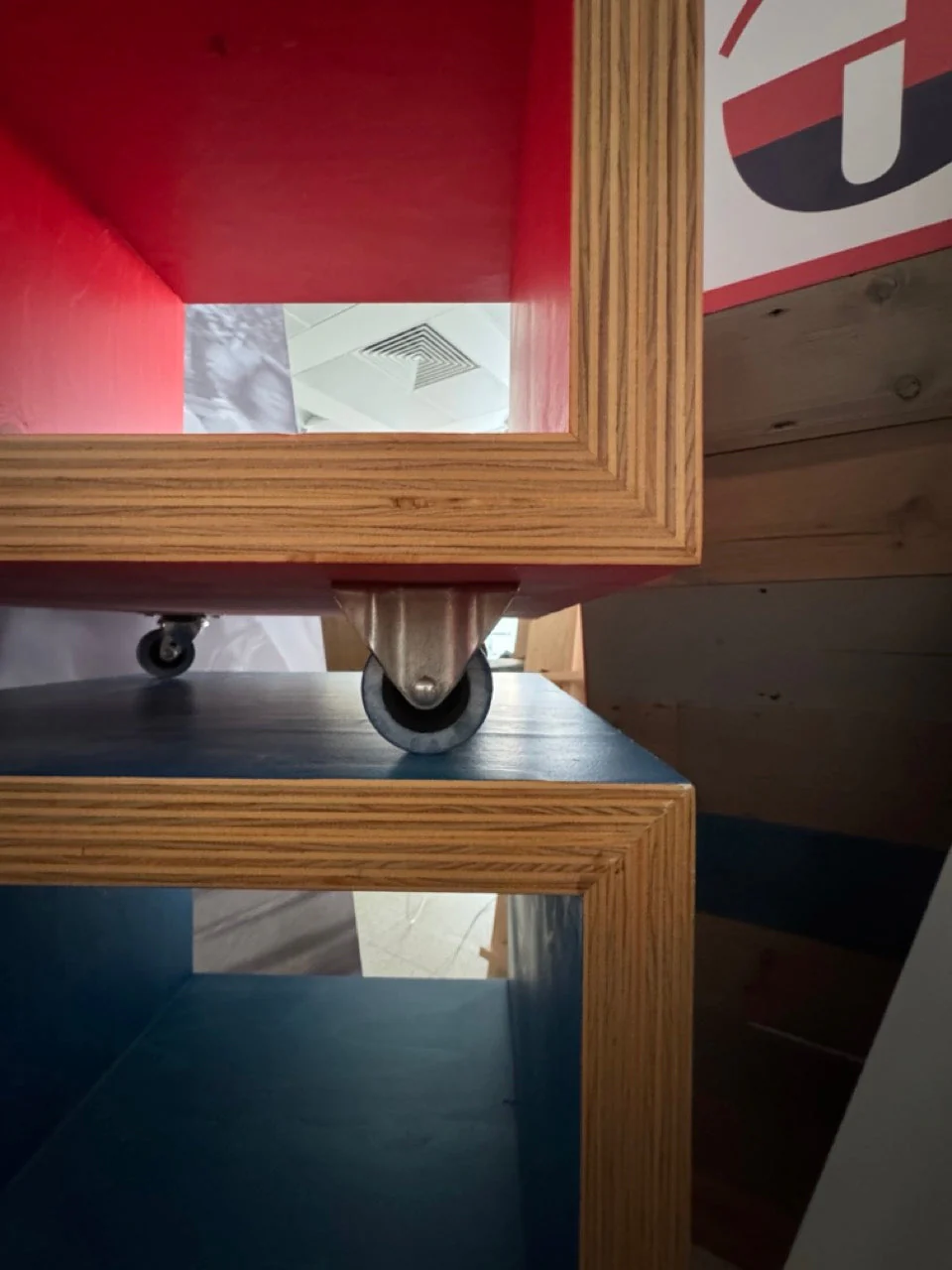 Red blue and natural plywood cube storage units on casters - 3 available - Image 2